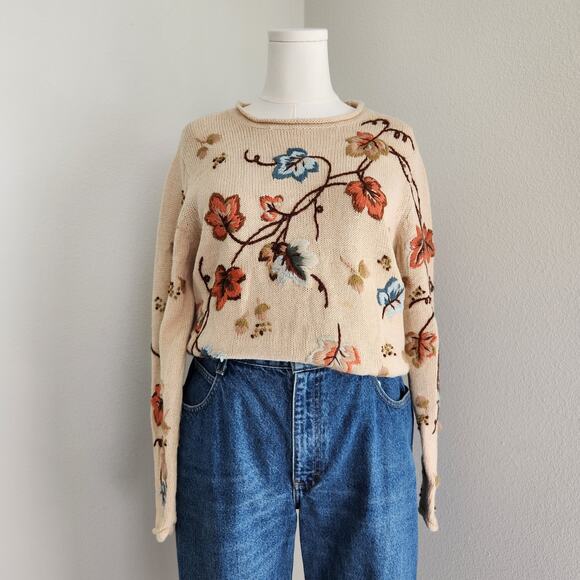 Vintage All Points Knit Floral Fall Sweater Embroidered Tan Autumn Themed 90s M - Picture 1 of 9